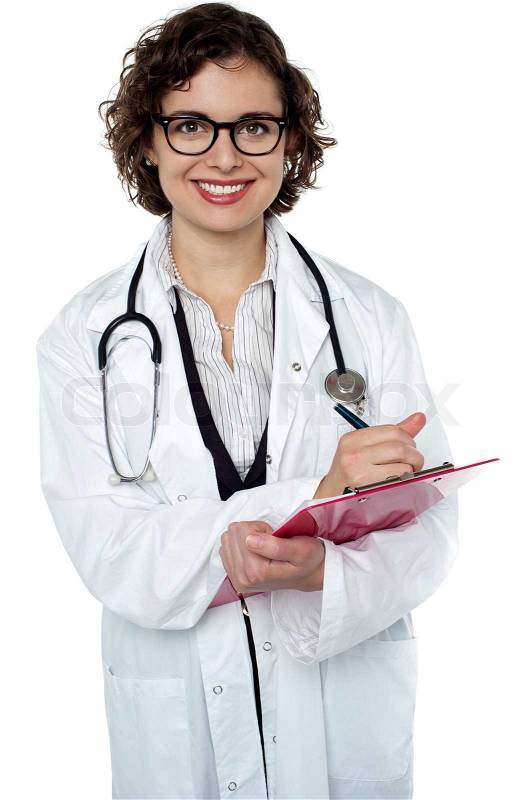 Smiling medical practitioner writing report, stock photo