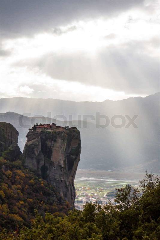 Meteora Rocks with Kalampaka town on the background, Trikala region, Greece, stock photo