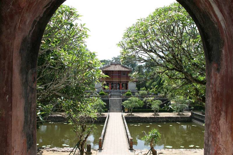 Trung Dao bridge and pavilion at Minh Mang Emperor Royal Tomb in, stock photo