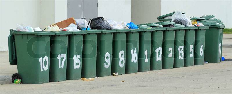 Row of large green bins, stock photo