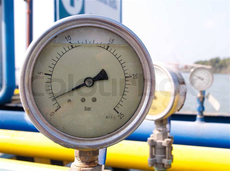 Pressure meter scale for checking the pressure in gas pipelines, stock photo