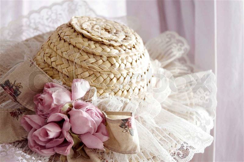 Sweet lady hat with floral and lace in vintage style, stock photo