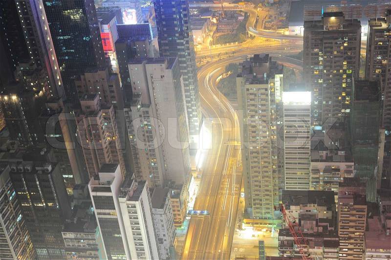 Aerila view of Hong Kong city center street at night, stock photo