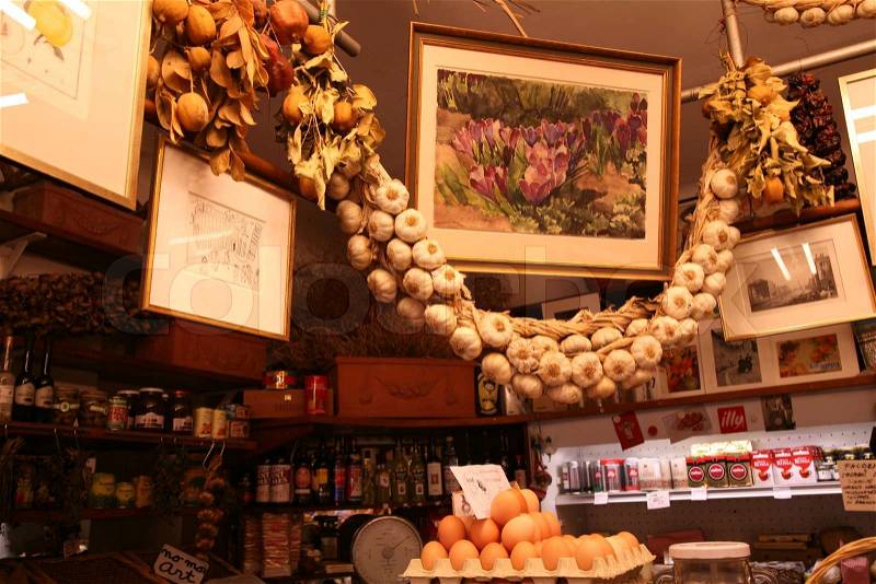 Inside an Italian grocery store, stock photo