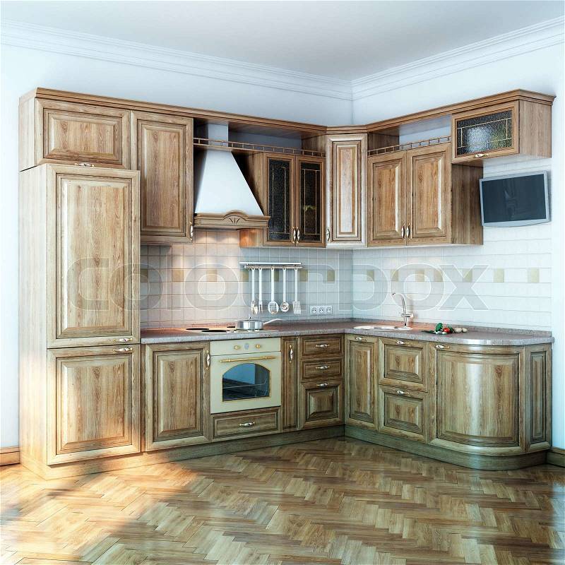 Wood kitchen in new white room with parquet floor, stock photo