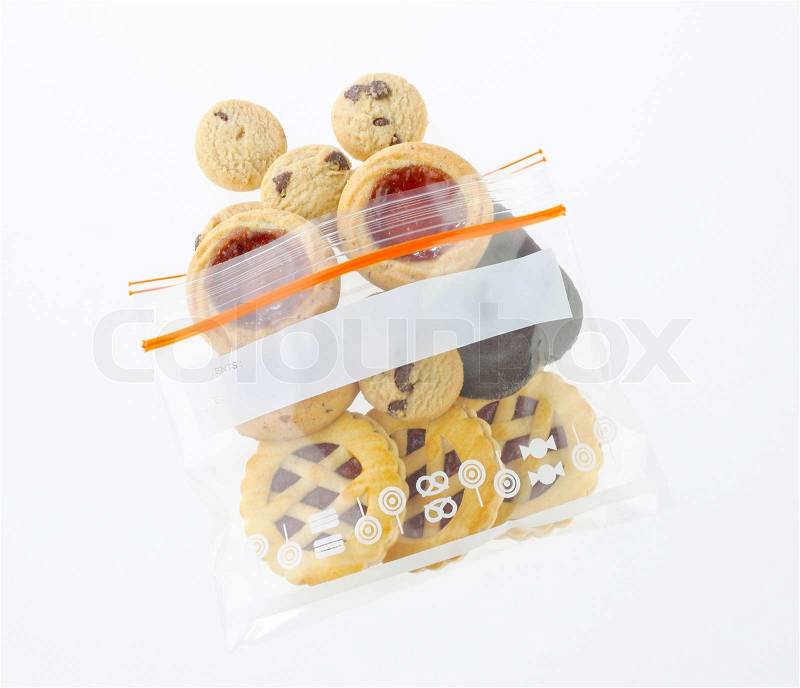 Mix eatable cookies in a safety zipper bag, stock photo