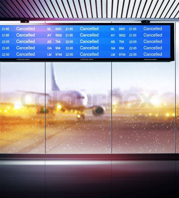 Tourist info signage informing on cancellation of planes flights in airport, stock photo