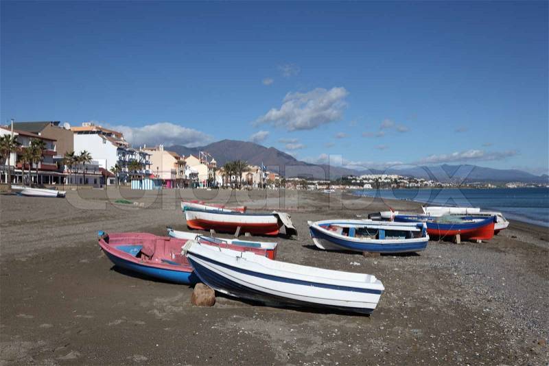 Fishing boats on the beach of San Luis de Sabinillas, Costa del Sol, Andalusia, Spain, stock photo