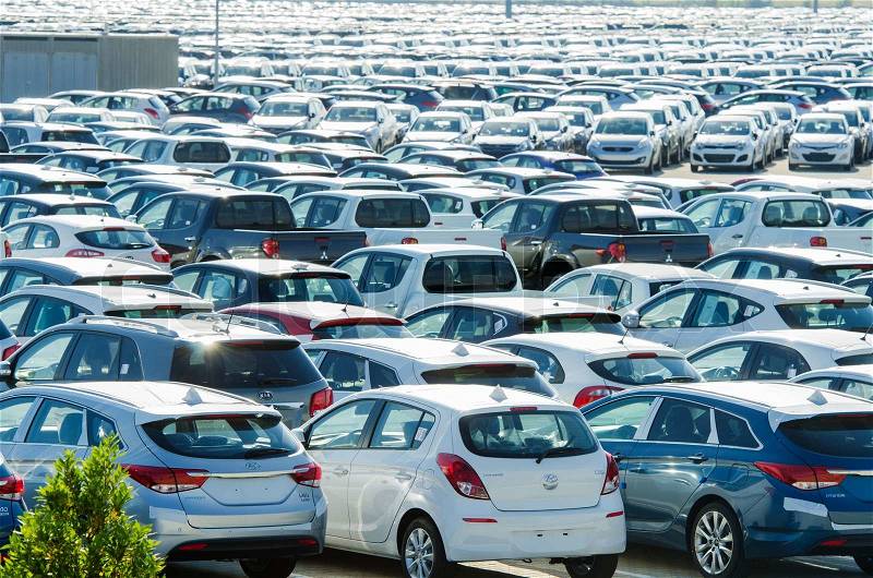 TUSCANY, ITALY - 27 June: New cars parked at distribution center in Tuscany, Italy. This one of biggest distribution centers in Italy, stock photo