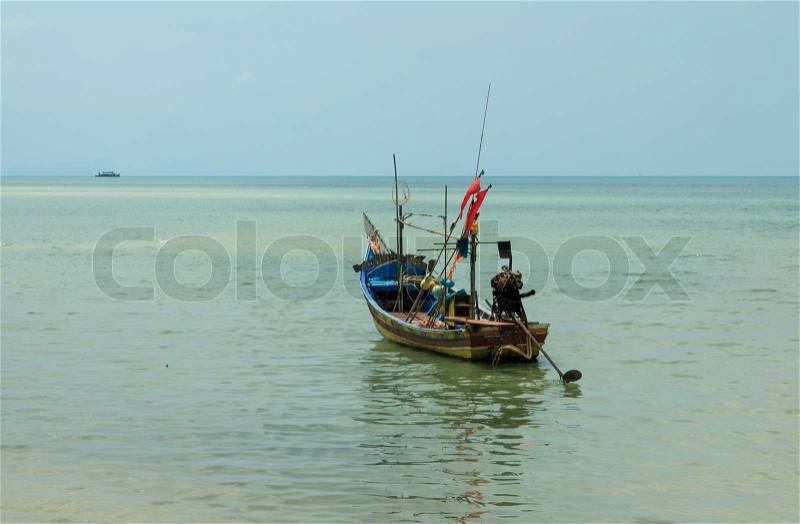 Long Tail Boat in Clear Water and Blue sky. Samui Island, Thailand, stock photo