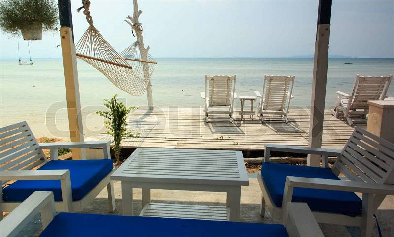 White beach chair and hammock at resort,Thailand, stock photo