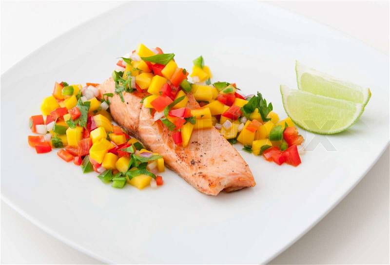 Salmon fillet with mango salsa, healthy eating. selective focus, stock photo