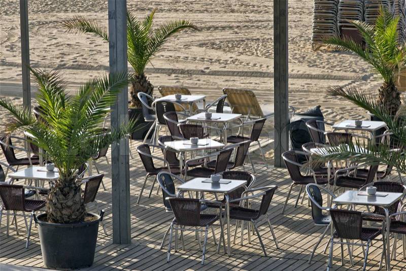 Cafe on the morning beach, Barcelona, Catalonia. , stock photo