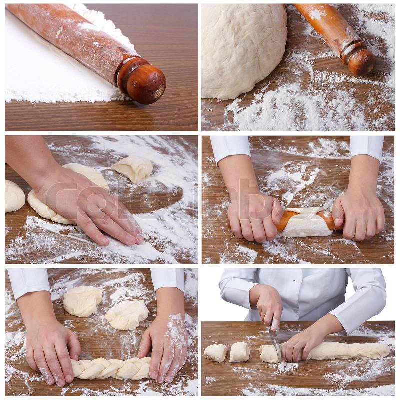 A set of six photographs. manufacturing process of baking, stock photo