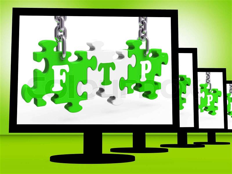 FTP On Monitors Shows Data Transmission Or Files Upload, stock photo