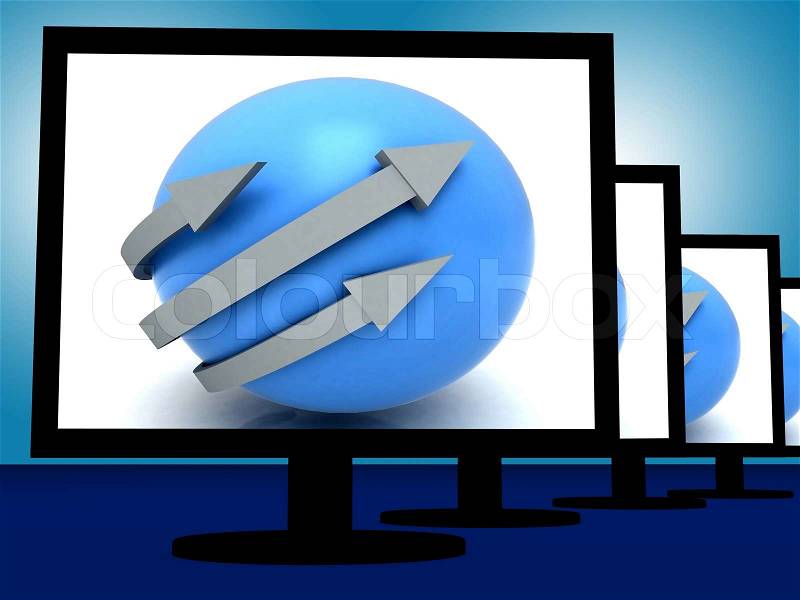 Arrows Around Ball On Monitors Shows Circular Direction And Roundabout, stock photo