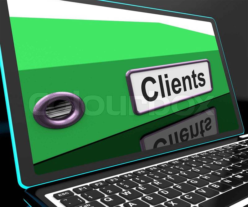 Clients File On Laptop Shows Customers Records, stock photo