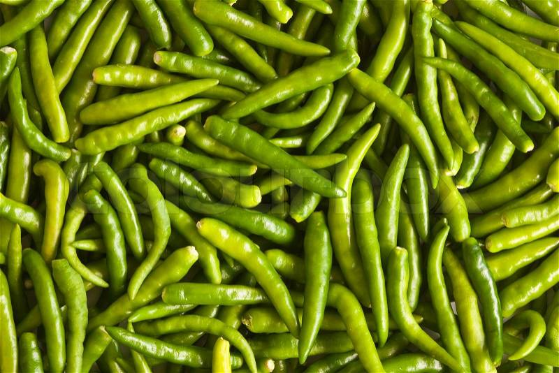Many spicy green chillies background, stock photo