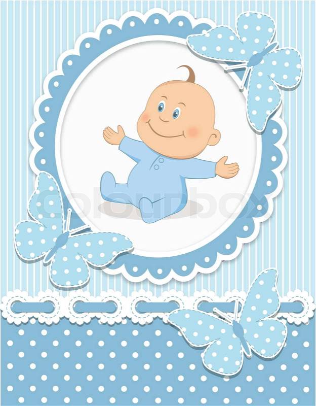 Smiling baby boy in blue frame. Editable vector 