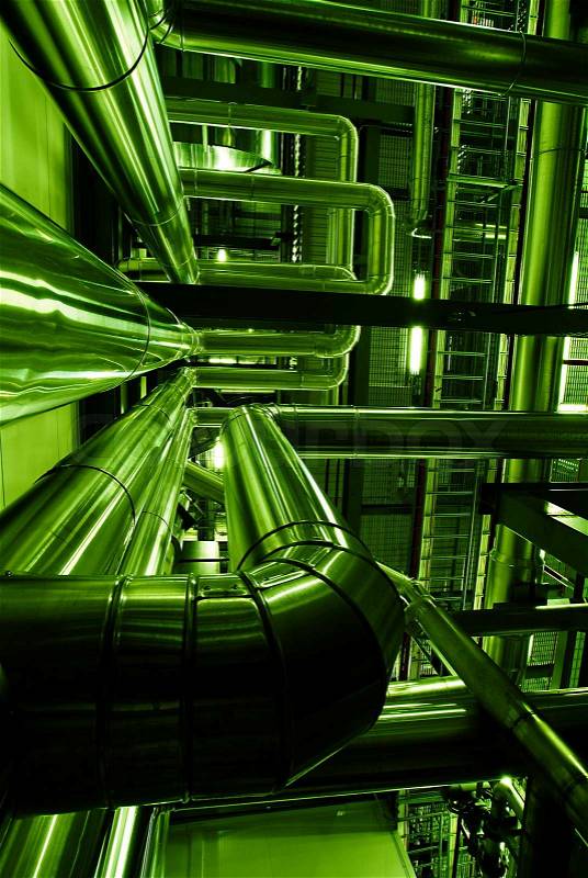 Industrial zone, Steel pipelines in green tones , stock photo