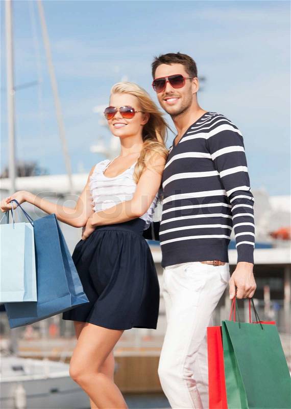 Young couple in duty free shop, stock photo