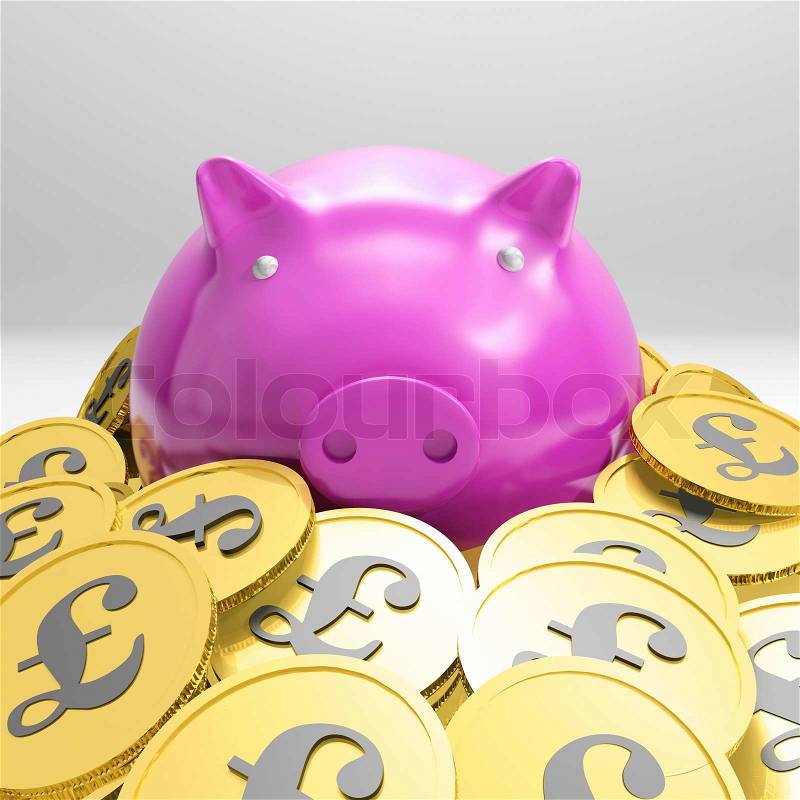 Piggybanks Surrounded In Coins Showing Britain Wealth And Richness, stock photo