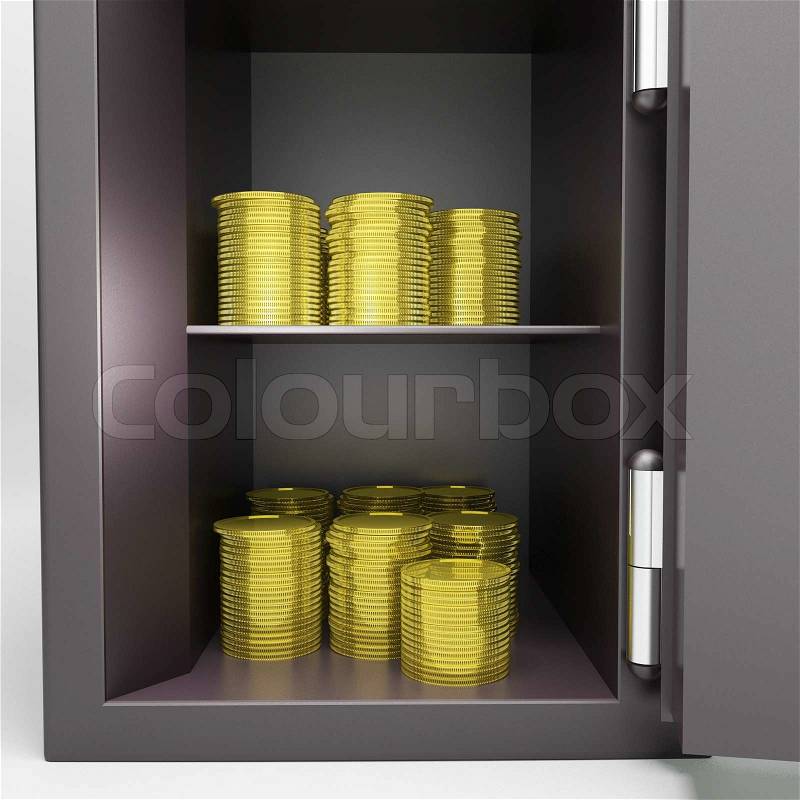 Open Safe With Coins Showing Banking Security Or Safe Investment, stock photo