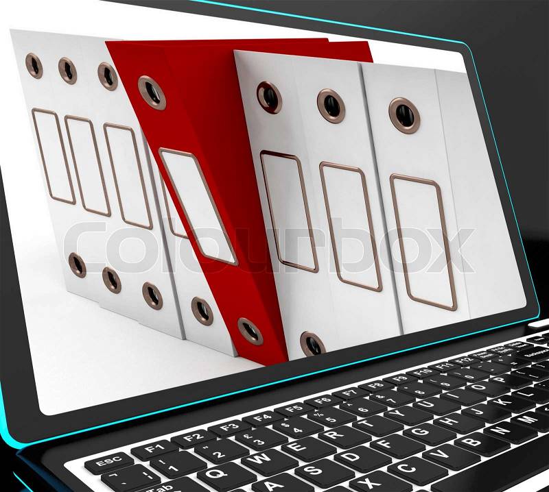 Red File On Laptop Shows Files Arranging And Administration, stock photo