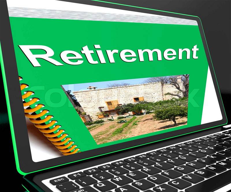 Retirement Book On Laptop Showing Pension Plans And Elderly Advices, stock photo