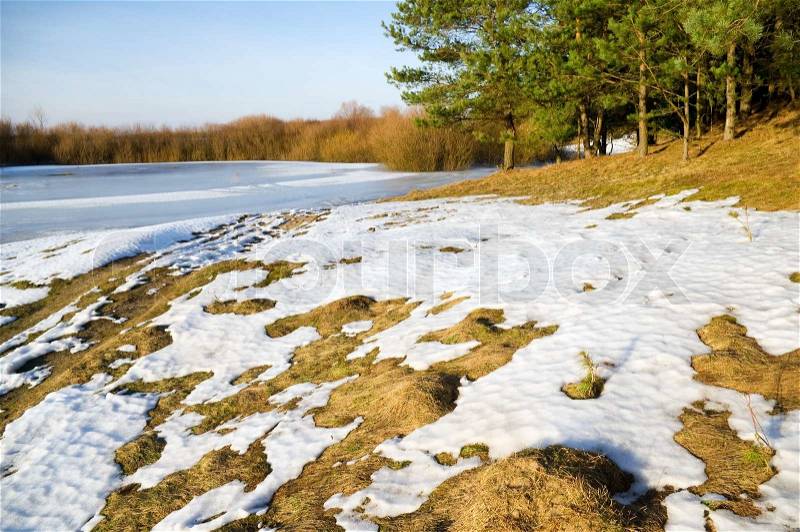 Frozen river and trees in spring season, stock photo
