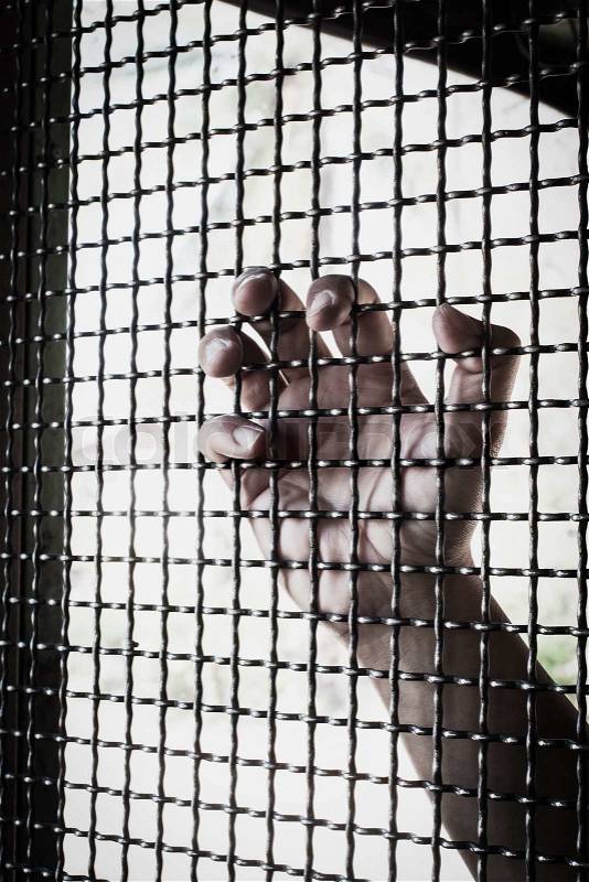 Hand and mesh cage for freedom, stock photo