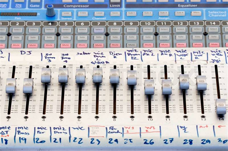 Audio sound mixer panel in concert, stock photo