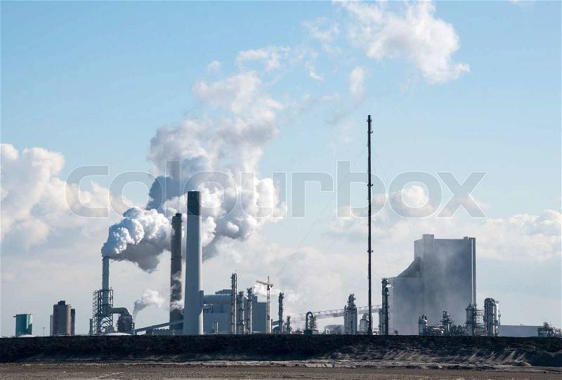 Industrial skyline with refinery and power plant in Holland europoort, stock photo