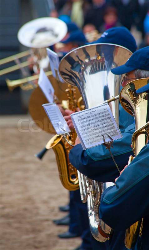 Police orchestra playing on the public event, stock photo