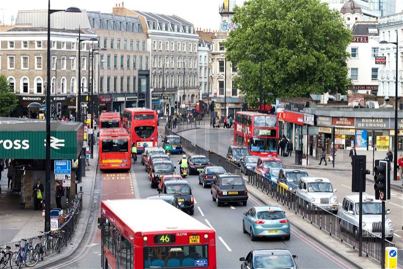 Bussy Traffic in Central London, Euston Road near King\'s Cross and St Pancras railway stations, stock photo