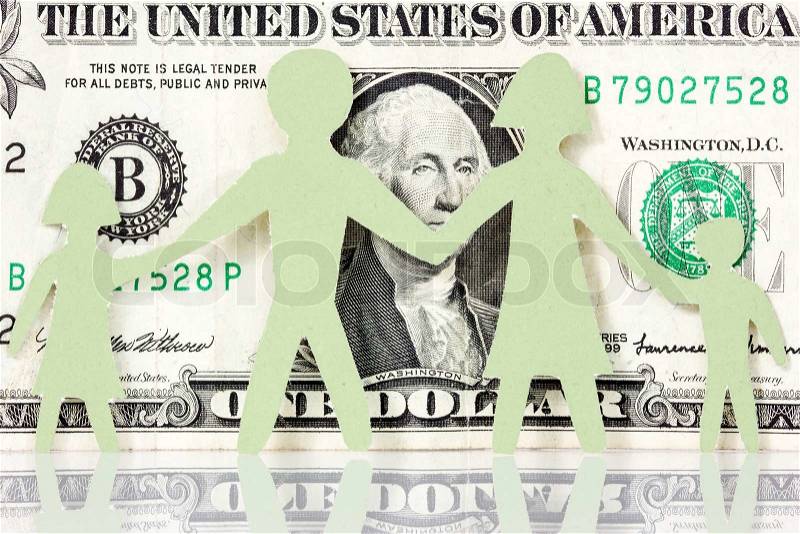 Monetary concepts. Paper family on the one dollar background, stock photo
