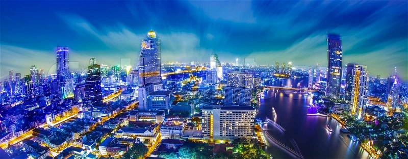 Bangkok city at twilight whit express way and cho pra-ya river, Thailand. , stock photo