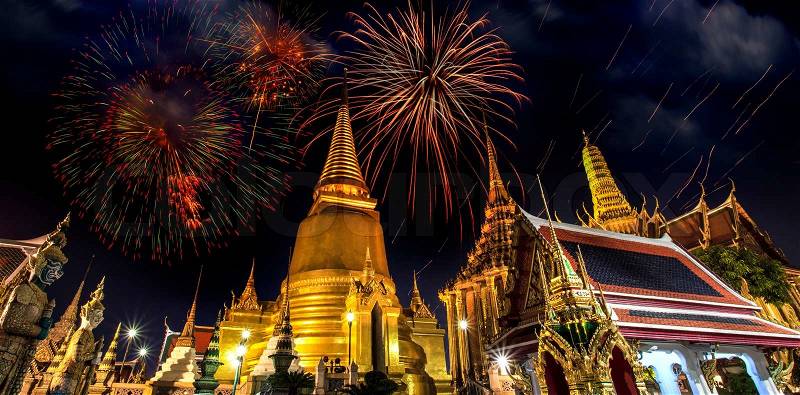 Firework on Wat Phra Kaeo Thai royal palace between King birthday celebration, stock photo