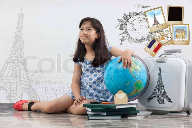 Girl thinking travel around the world, education concept, stock photo