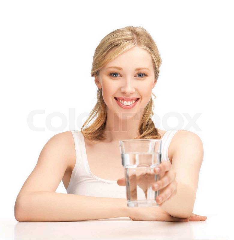 Closeup of young smiling woman with glass of water, stock photo