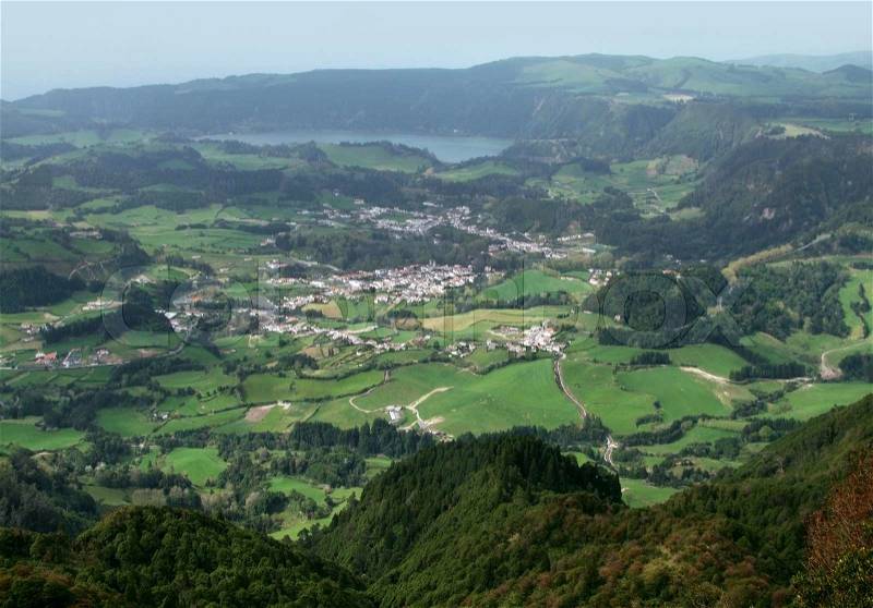 Aerial scenery at Sao Miguel Island, the biggest island of the Azores Archipelago, a group of vulcanic islands located in the middle of the North Atlantic Ocean Portugal, stock photo