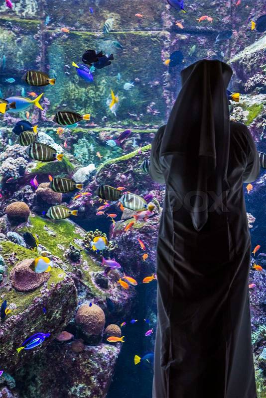 Huge aquarium in a hotel Atlantis in Dubai on the Palm islands, stock photo