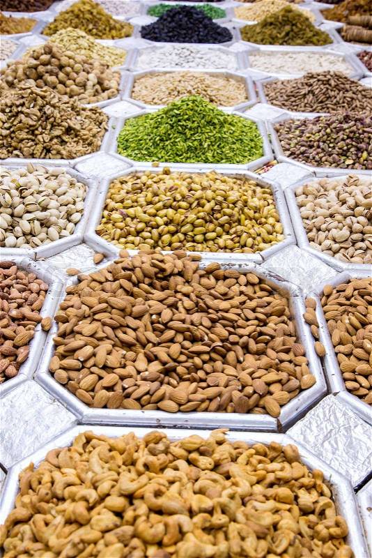 Dried fruit and nuts mix in Dubai market, stock photo