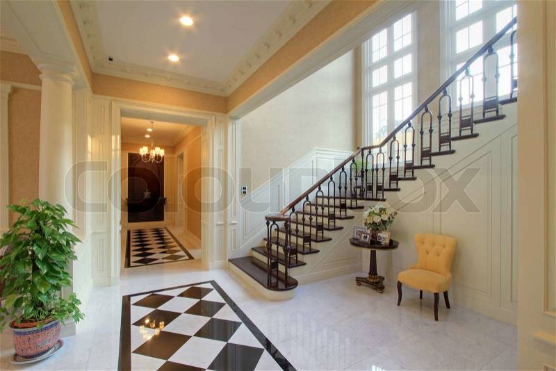 Large hallway and staircase and hardwood floor. , stock photo