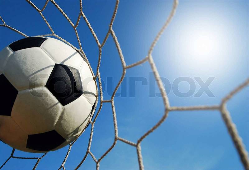 Football field soccer stadium on the green grass blue sky sport game background for design, stock photo