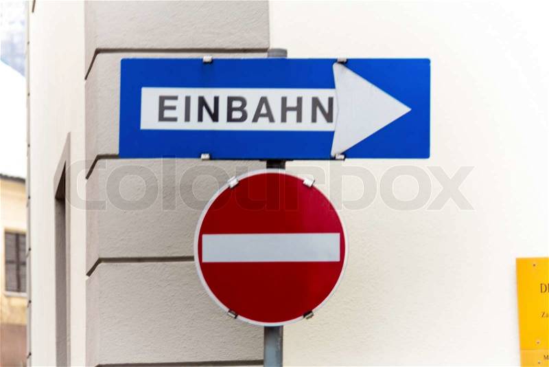 Way street, two road signs, symbolic photo for traffic regulations, direction, clarity, stock photo