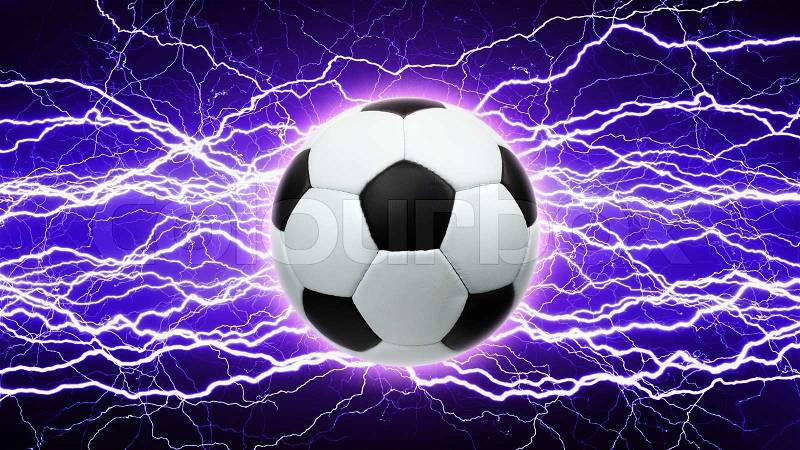 Sports background - soccer ball, bright powerful lightnings, stock photo
