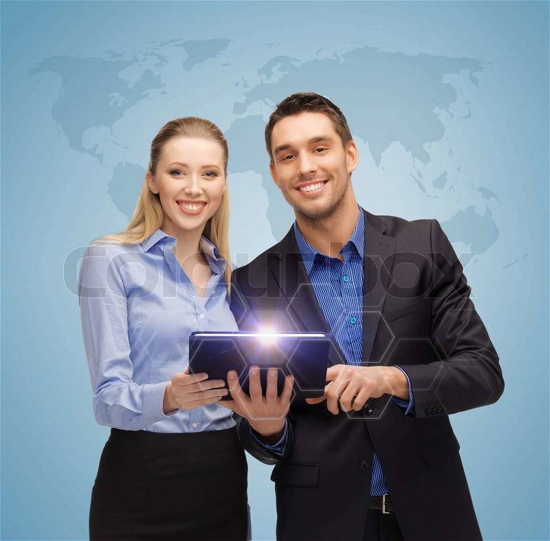Bright picture of man and woman with tablet pc and world map, stock photo