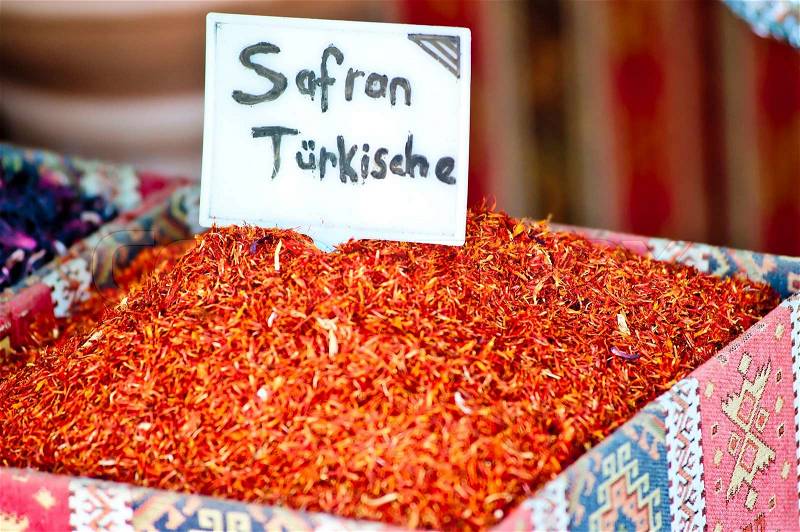 Turkish red saffron on the counter street vendor, stock photo