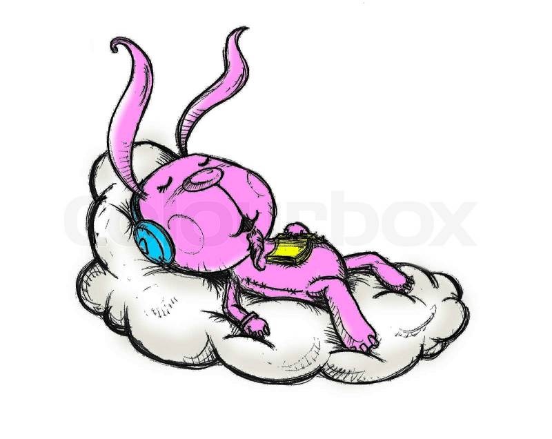 Pink rabbit to sleep on the cloud , Created by hand drawing, stock photo